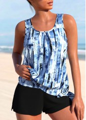 Patchwork Mid Waisted Geometric Print Blue Tankini Set