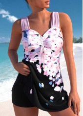 Drawstring Floral Print Pink Tankini Set