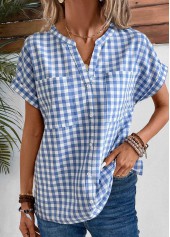 Denim Blue Split Plaid Short Sleeve Blouse