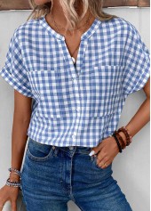 Denim Blue Split Plaid Short Sleeve Blouse | thumb picture 
