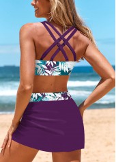 Drawstring Mid Waisted Leaf Print Purple Bikini Set