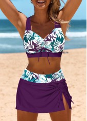 Drawstring Mid Waisted Leaf Print Purple Bikini Set