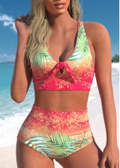 Bowknot High Waisted Tropical Plants Print Bikini Set
