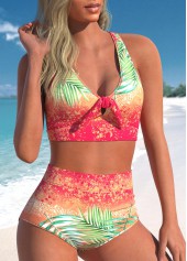 Bowknot High Waisted Tropical Plants Print Bikini Set | thumb picture 