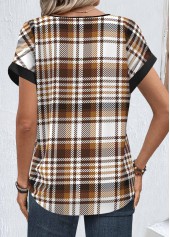 Light Coffee Zipper Plaid Short Sleeve Round Neck Blouse | thumb picture 