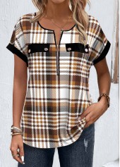 Light Coffee Zipper Plaid Short Sleeve Round Neck Blouse