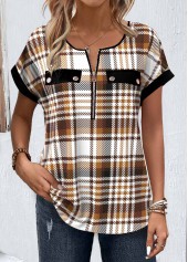 Light Coffee Zipper Plaid Short Sleeve Round Neck Blouse | thumb picture 