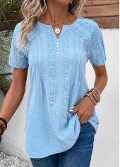 Light Blue Patchwork Short Sleeve Split Neck Blouse | thumb picture 