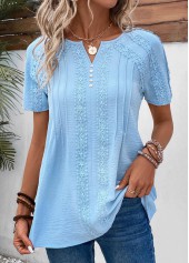 Light Blue Patchwork Short Sleeve Split Neck Blouse