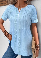 Light Blue Patchwork Short Sleeve Split Neck Blouse | thumb picture 