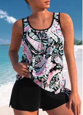 Bowknot Mid Waisted Paisley Print Black Tankini Set