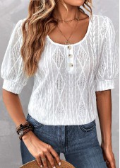 White Jacquard Short Sleeve Round Neck Blouse | thumb picture 