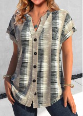 Light Camel Button Geometric Print Short Sleeve Blouse