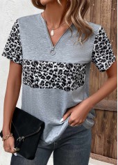 Grey Zipper Leopard Short Sleeve T Shirt