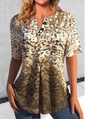 Light Camel Button Leopard Short Sleeve Blouse