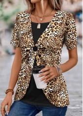Dark Coffee Leopard Short Sleeve Fake Two Piece Twinset