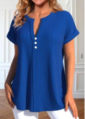 Royal Blue Button Short Sleeve Split Neck Blouse