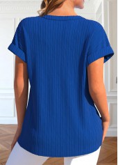 Royal Blue Button Short Sleeve Split Neck Blouse