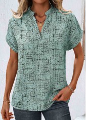 Sage Green Split Geometric Print Short Sleeve Blouse