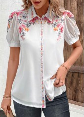 Valentine's Day White Button Floral Print Short Sleeve Blouse