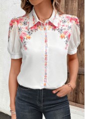 Valentine's Day White Button Floral Print Short Sleeve Blouse | thumb picture 