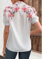 Valentine's Day White Button Floral Print Short Sleeve Blouse | thumb picture 