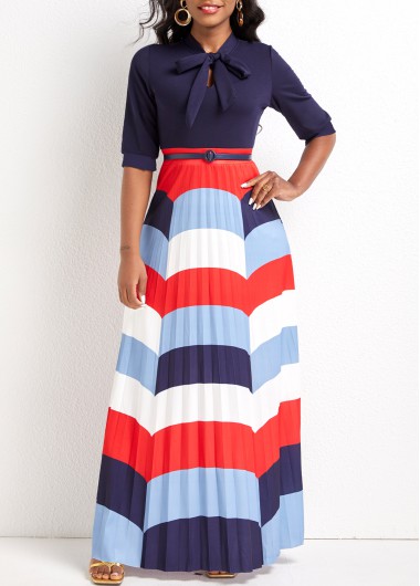 Modlily Navy Bowknot Wave Pattern Print Maxi Dress - M