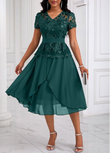 Modlily Blackish Green Lace Patchwork Short Sleeve Dress - L
