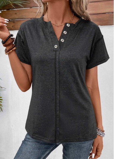 women clothes image of Black Button Short Sleeve Split Neck T Shirt