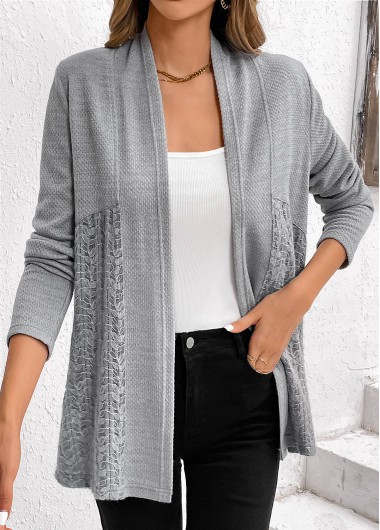 Grey Lace Patchwork Long Sleeve Cardigan | modlily.com - USD 28.98