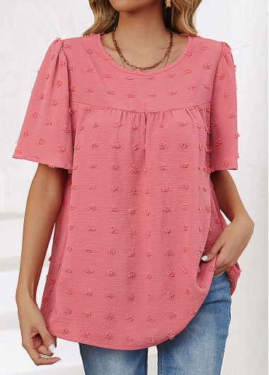 Modlily Pink Ruched Short Sleeve Round Neck T Shirt - L