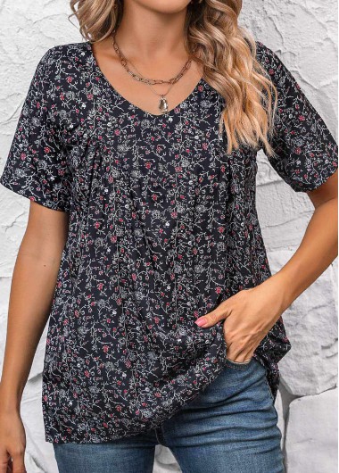 women clothes image of Black Ruched Ditsy Floral Print Short Sleeve Blouse