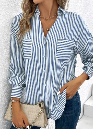 Blue Pocket Striped Long Sleeve Shirt Collar Blouse | modlily.com - USD ...
