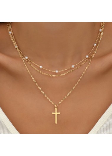 women clothes image of Gold Cross Pearl Detail Alloy Necklace Set