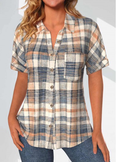 women clothes image of Multi Color Button Plaid Short Sleeve Blouse