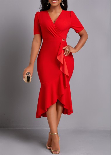 Modlily Red High Low Short Sleeve Mermaid Dress - XXL