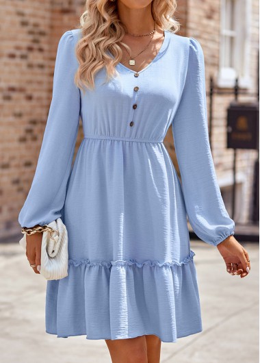 Modlily Light Blue Ruched Long Sleeve Dress - L