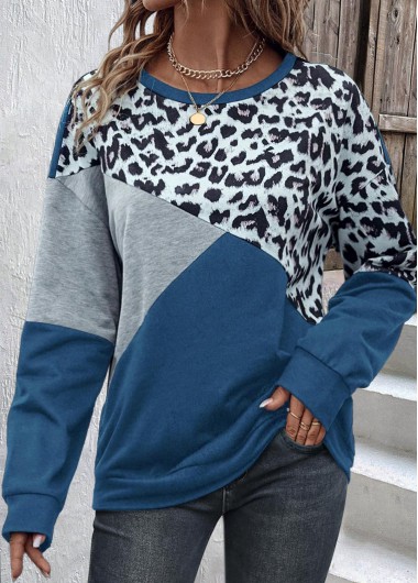 Dusty Blue Patchwork Leopard Long Sleeve Sweatshirt | modlily.com - USD ...
