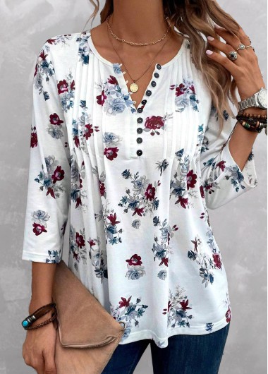 Modlily White Tuck Stitch Floral Print 3/4 Sleeve Blouse - S