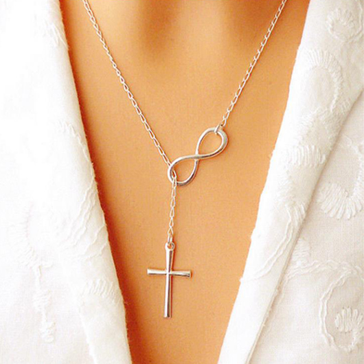 Silver Metal Detail Cross Pendant Necklace