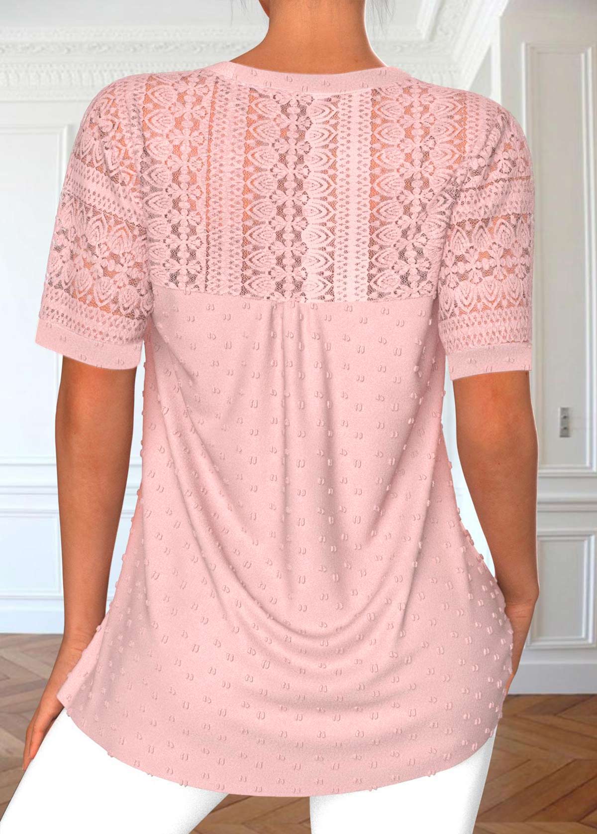 Pink Lace Short Sleeve Split Neck Blouse | picture 