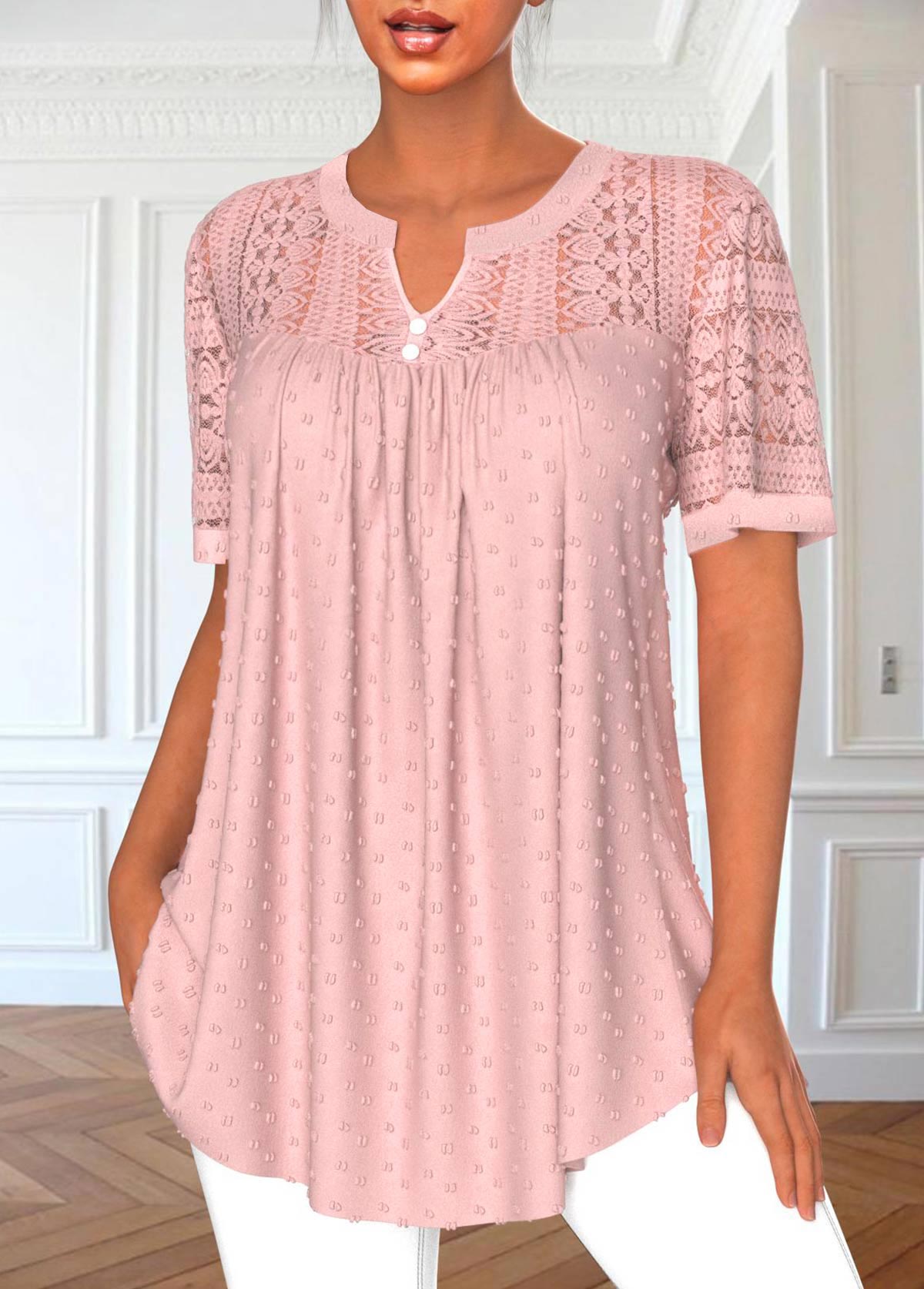 Pink Lace Short Sleeve Split Neck Blouse | picture 
