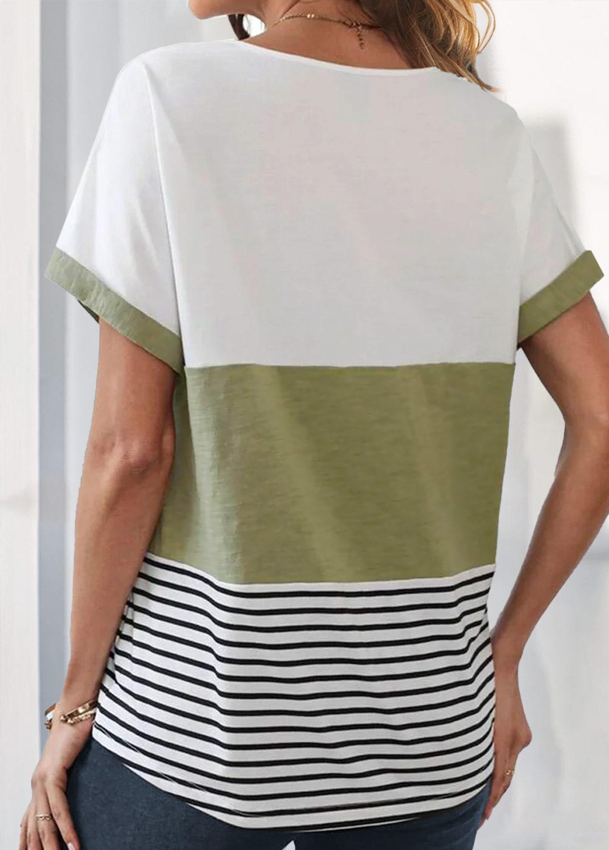 Sage Green Pocket Striped Short Sleeve T Shirt