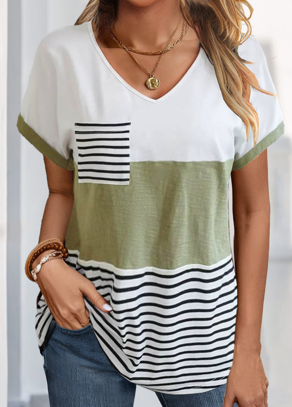 Sage Green Pocket Striped Short Sleeve T Shirt