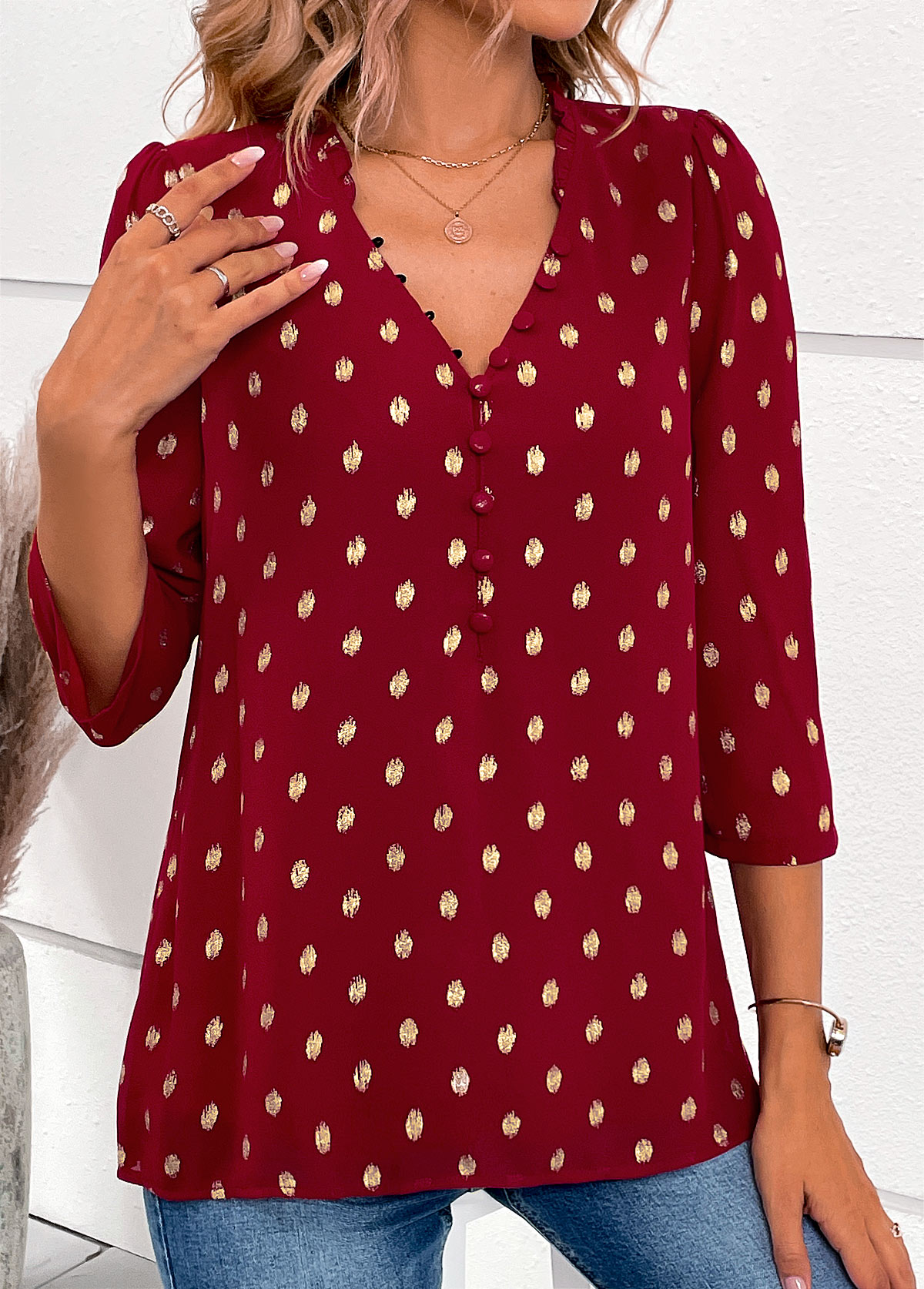 V Neck Wine Red Hot Stamping Blouse | picture 