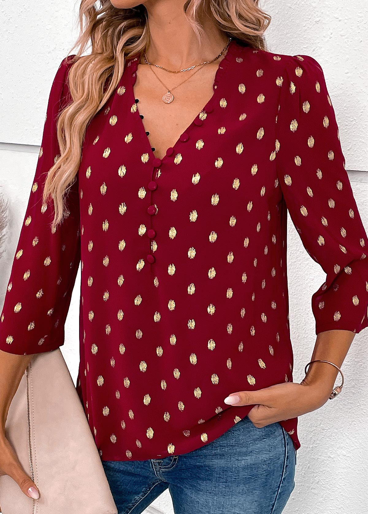 V Neck Wine Red Hot Stamping Blouse | picture 