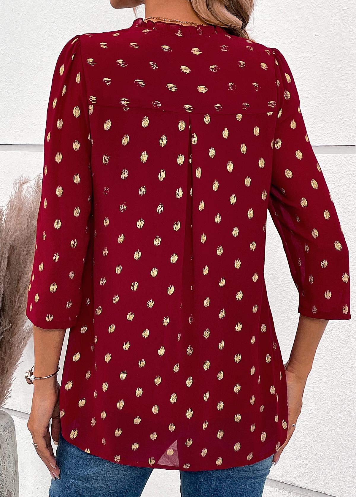 V Neck Wine Red Hot Stamping Blouse | picture 