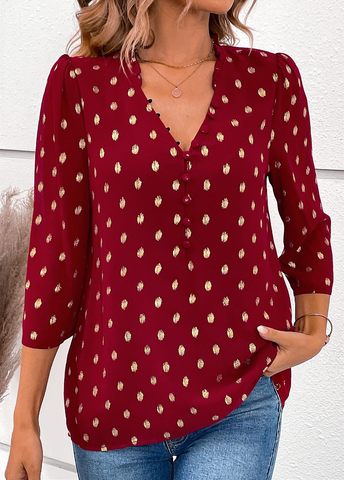 V Neck Wine Red Hot Stamping Blouse | picture 