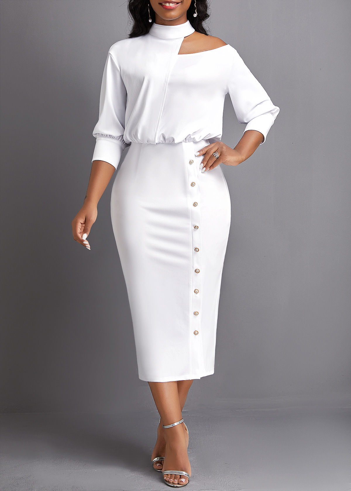 White Asymmetry Three Quarter Length Sleeve Bodycon Dress