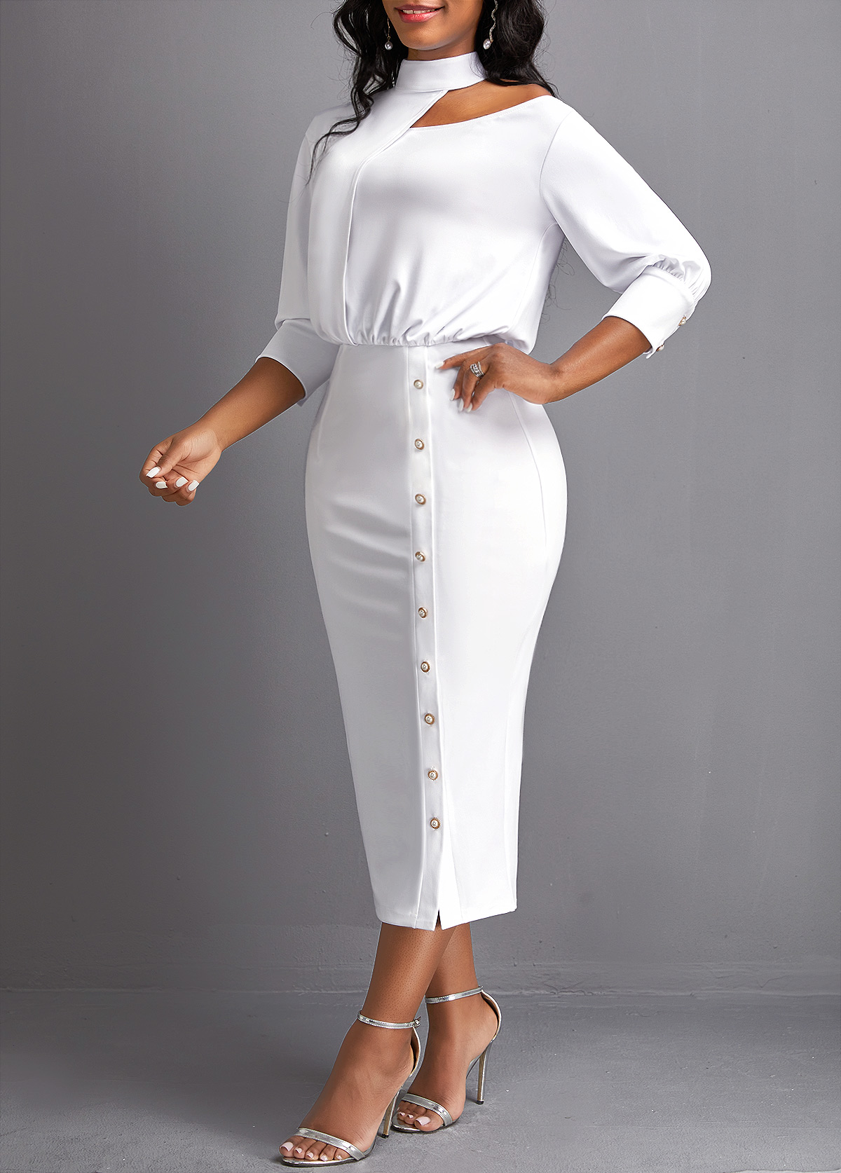 White Asymmetry Three Quarter Length Sleeve Bodycon Dress
